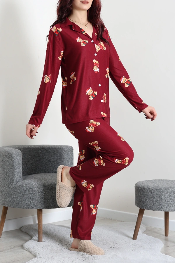 Kadın Bordo Süet Düğmeli Pijama Takımı 6