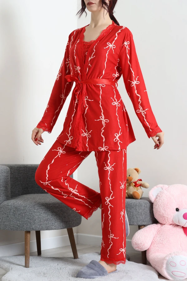 Süet 3'Lü Pijama Set Kırmızı 2