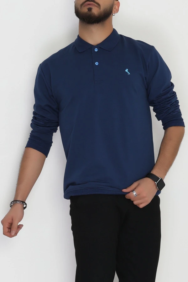 Erkek Lacivert 2 İplik Likralı Polo Yaka Sweatshirt 5