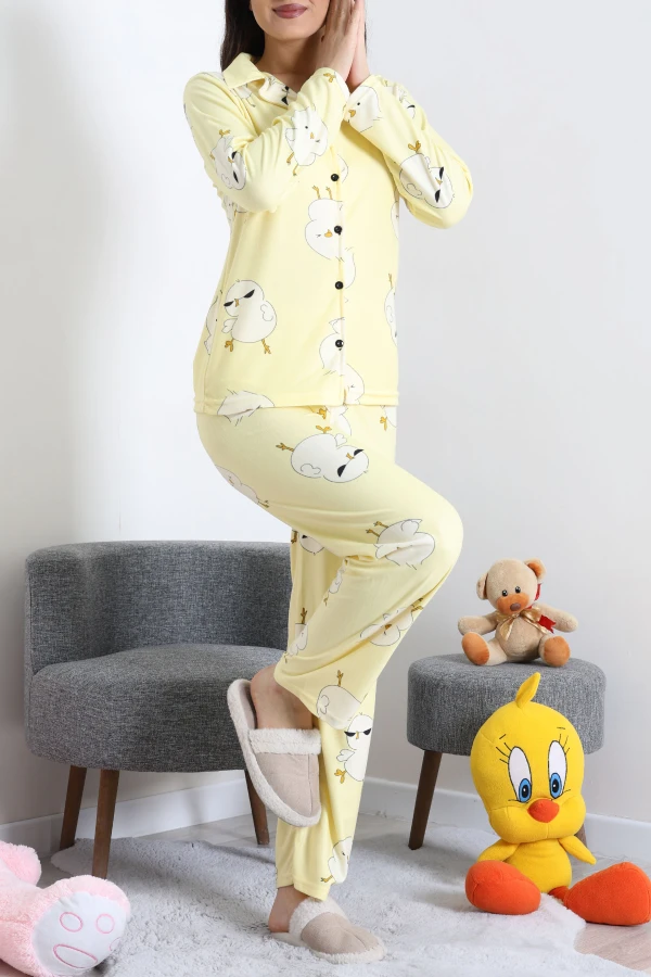 Süet Düğmeli Pijama Takımı Sarı 7