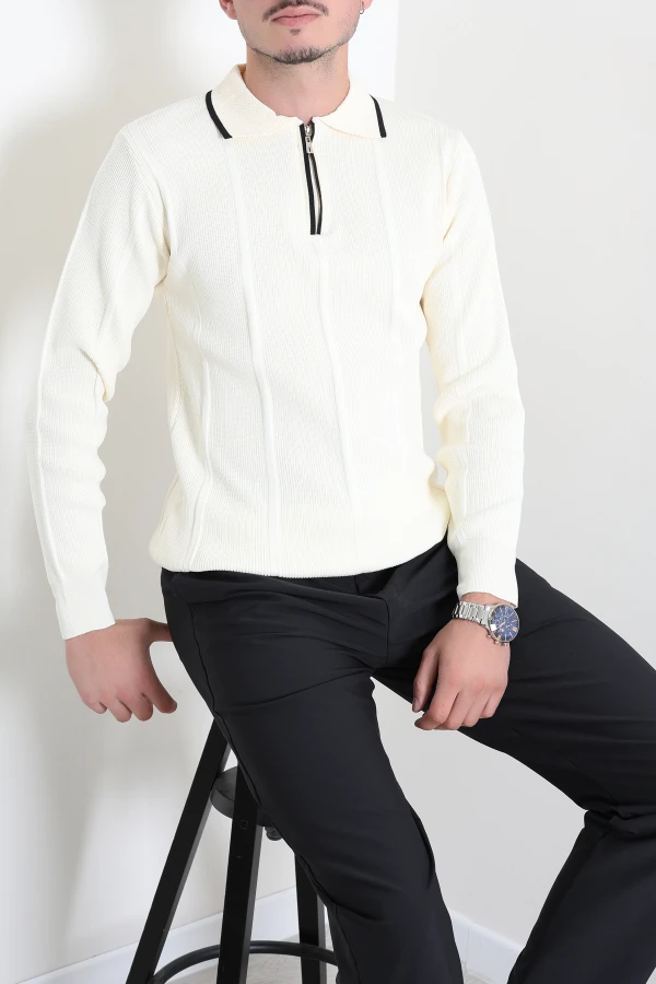 Çizgili Polo Yaka Erkek Triko Sweat Ekru 2