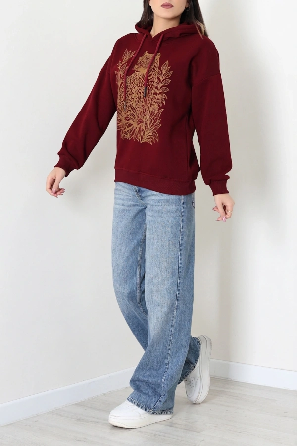 Kadın Bordo Üç İplik Kapüşonlu Baskılı Sweat Tunik 6