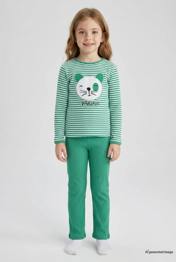 5-12 Yaş Kaşkorse Nakışlı Pijama Takımı Yeşil