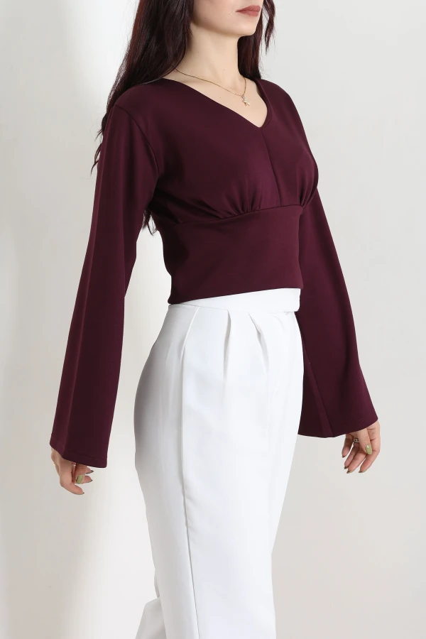 Belden Oturtmalı Kimono Kol Modal Bluz Mürdüm 5