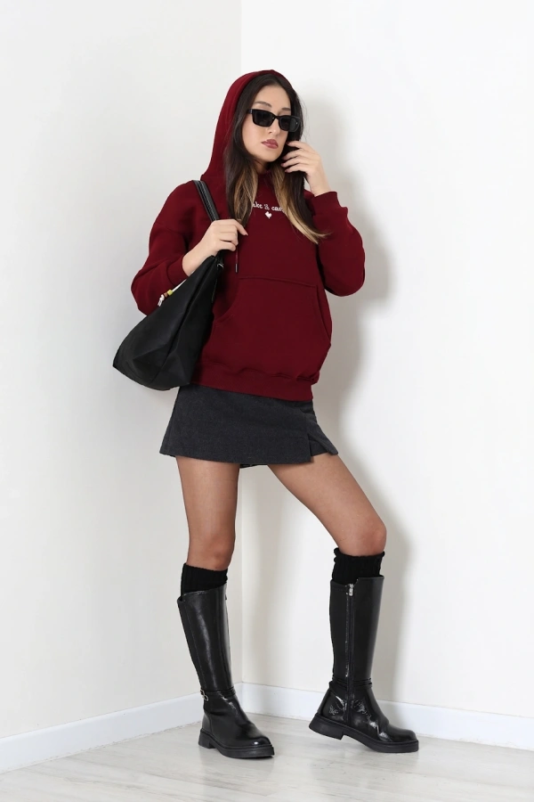 Kadın Bordo Üç İplik Kapüşonlu Nakışlı Sweatshirt 3