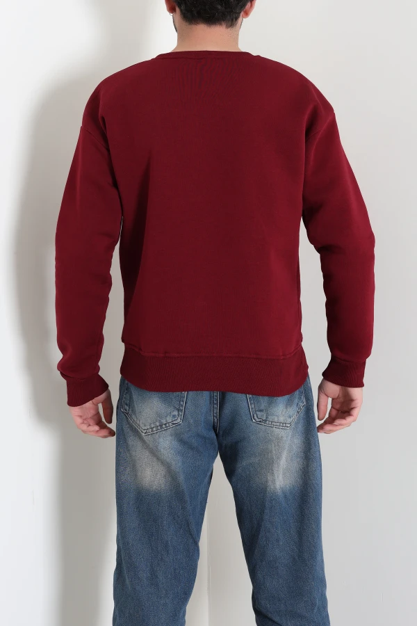 Bisiklet Yaka Baskılı Şardonlu 3 İplik Erkek Sweat Bordo 9
