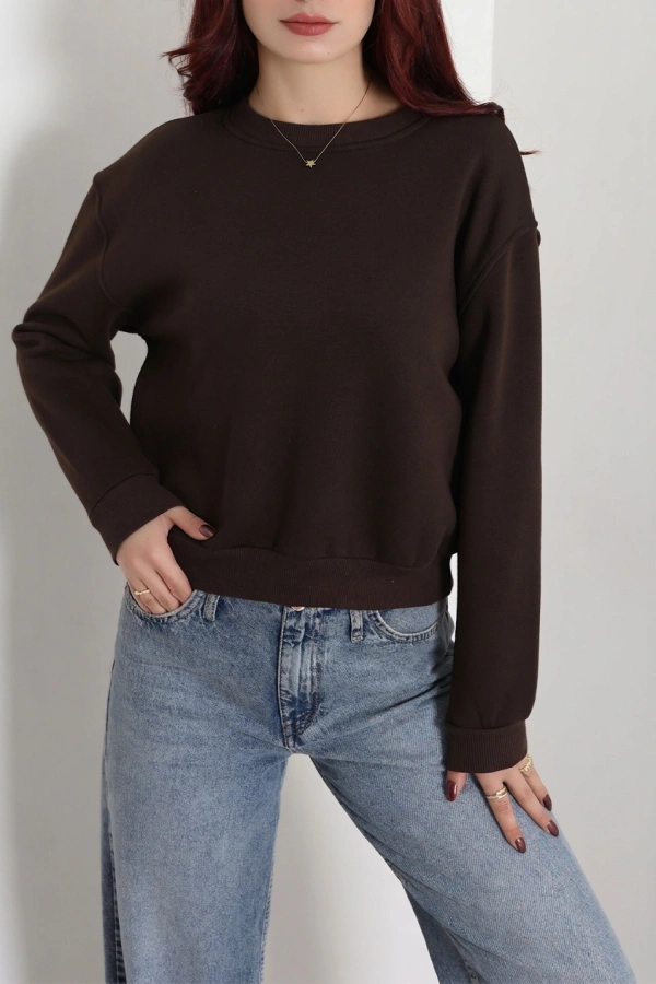 Kadın Kahve 3 İplik Bisiklet Yaka Şardonlu Sweatshirt