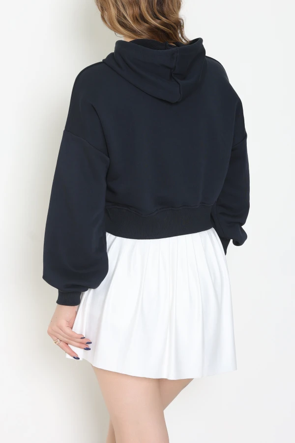 3 İplik Şardonsuz Balon Kol Crop Sweat Lacivert 7