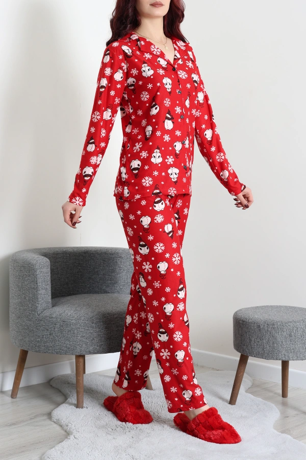 Kadın Kırmızı Beyaz Süet Düğmeli Rahat Pijama Takımı 5