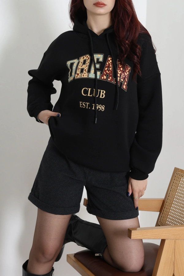 Kadın Siyah Üç İplik Baskılı Kapüşonlu Oversize Sweat