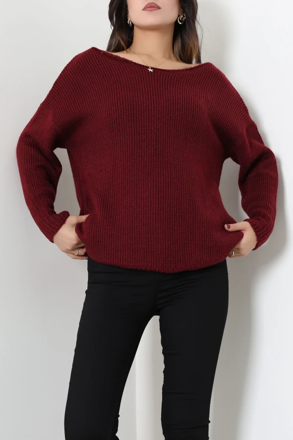 Kadın Bordo Düşük Kol Oversize Triko Kazak 5
