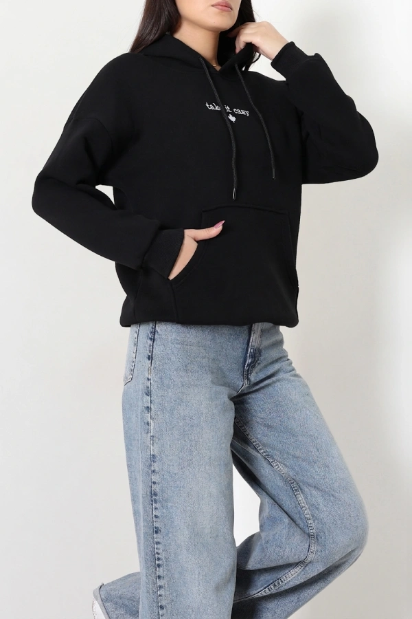 Kadın Siyah Üç İplik Kapüşonlu Nakışlı Sweatshirt Tunik 5