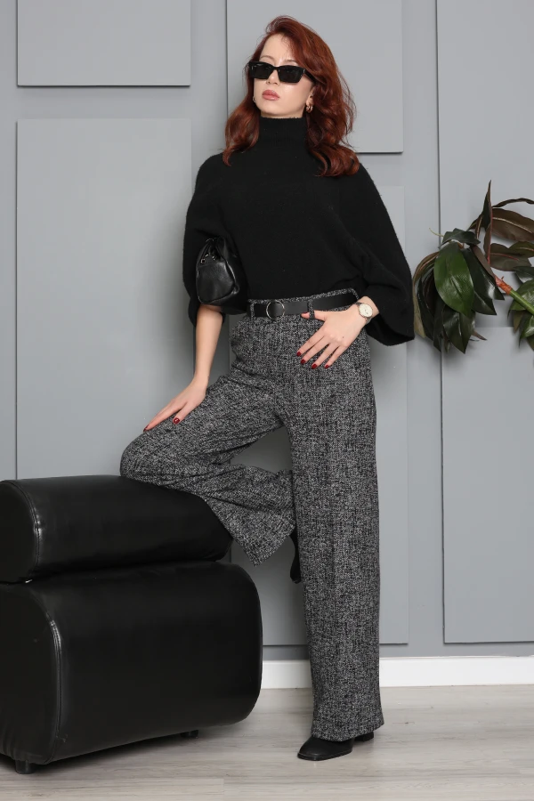 Kadın Gri Kemerli Geniş Paça Jakar Pantolon 3
