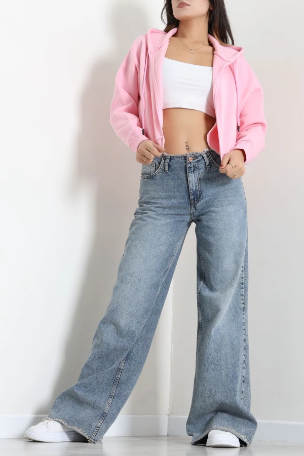 Kadın Pembe Oversize Fleto Cepli 3 İplik Kompakt Sweat 4
