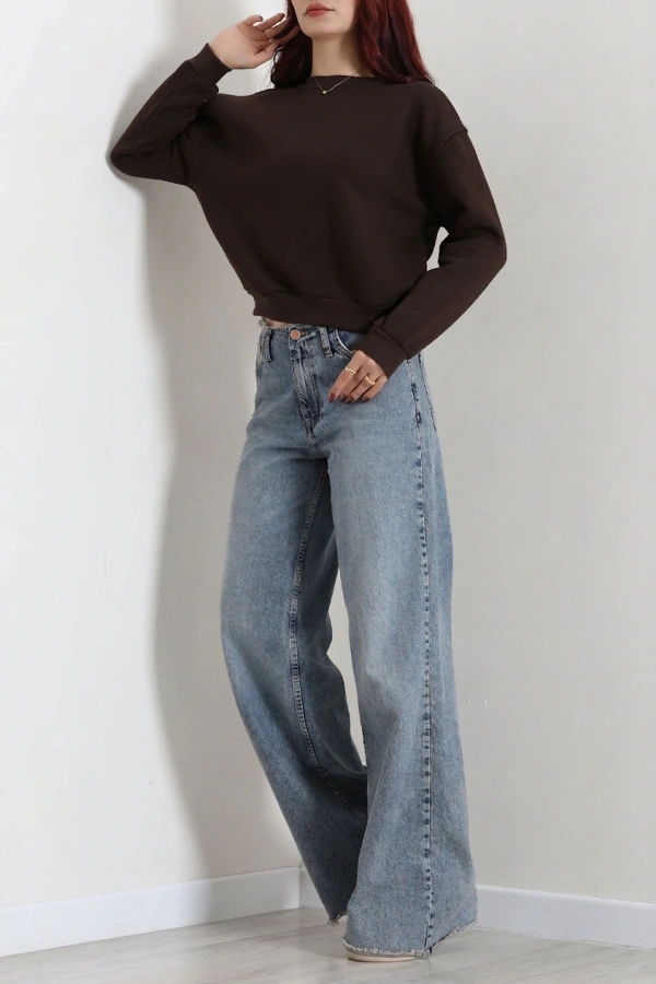 Kadın Kahve 3 İplik Bisiklet Yaka Şardonlu Sweatshirt 6