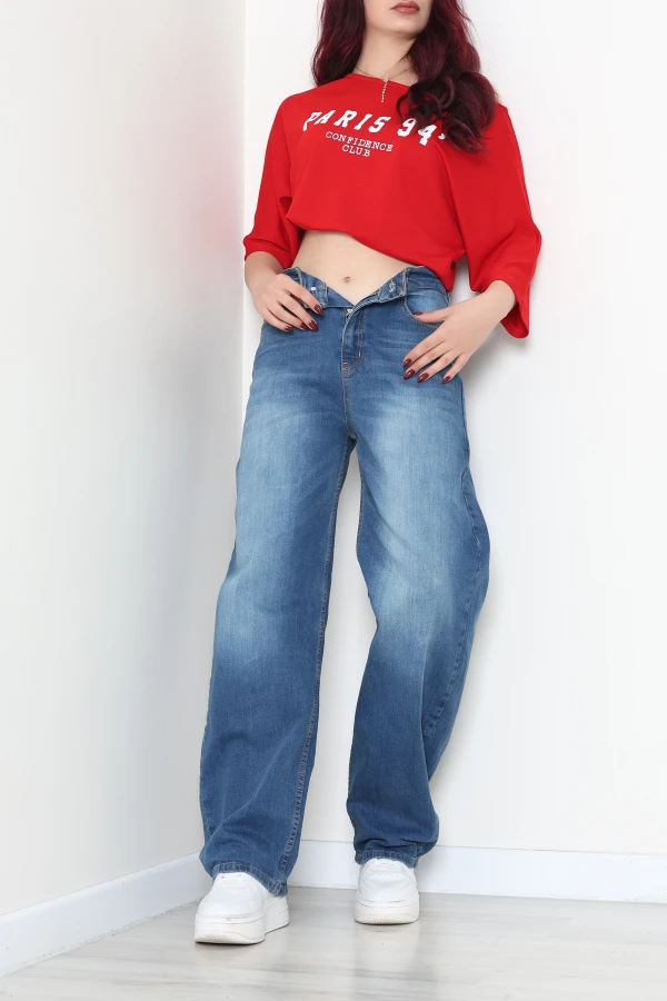 Kadın Mavi Baggy Fit Yüksek Bel Kot Pantolon 3