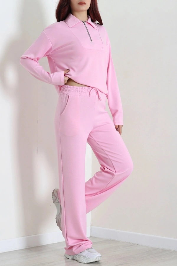 Kadın Pembe Modal Polo Yaka Yarım Fermuar Takım 2