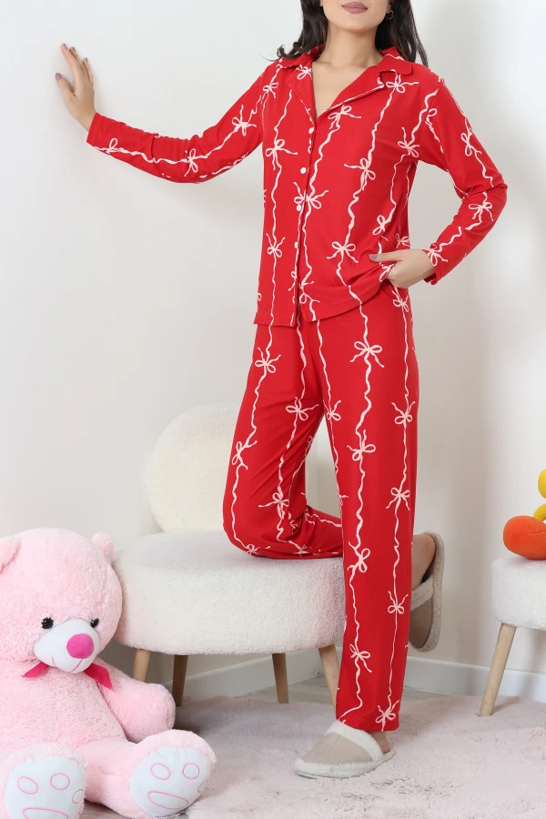 Süet Düğmeli Pijama Takımı Kırmızı 7