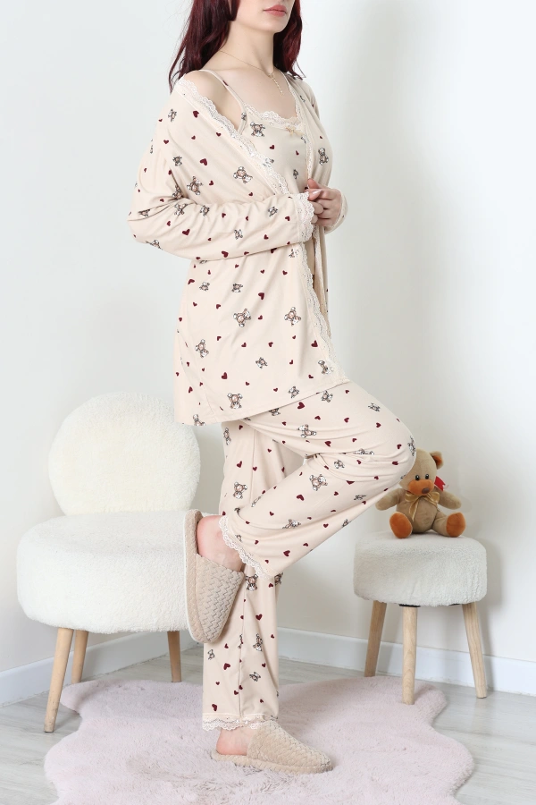 Süet 3'Lü Pijama Set Vizon 4