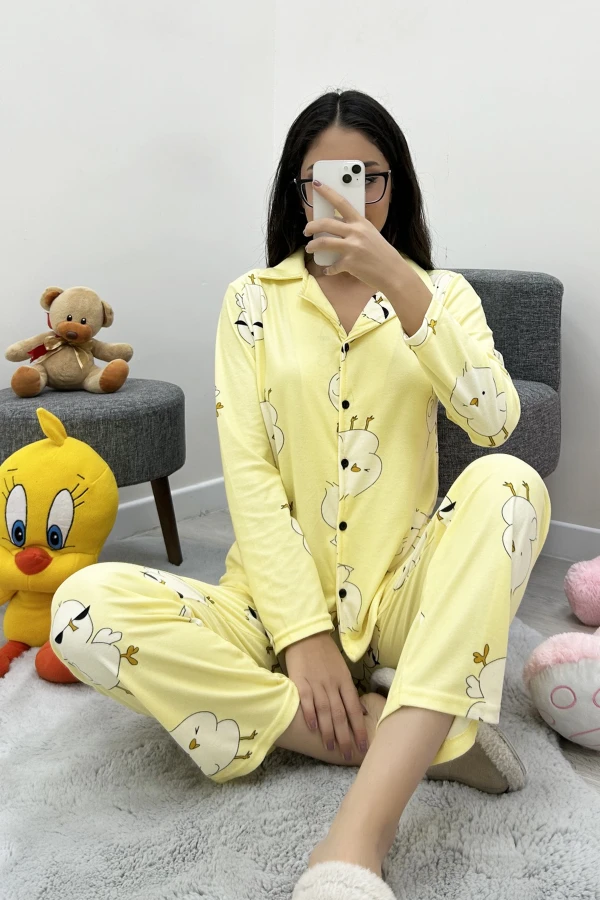 Süet Düğmeli Pijama Takımı Sarı 3