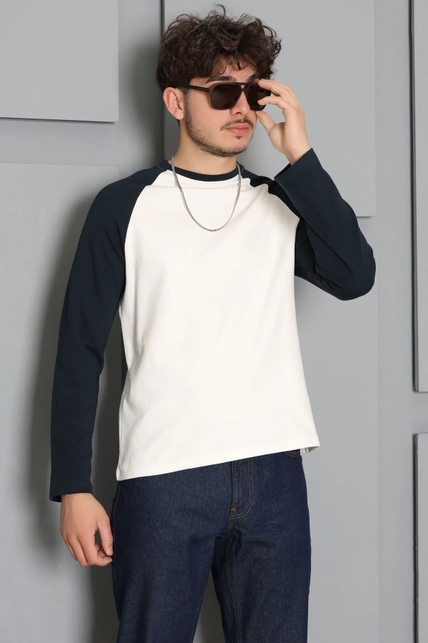 İnterlok Bisiklet Yaka Reglan Kol Erkek Sweatshirt Beyazlaci 3