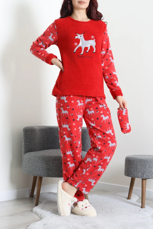 Kadın Kırmızı Welsoft Pijama Takımı Kışlık Rahat Fitilli 4