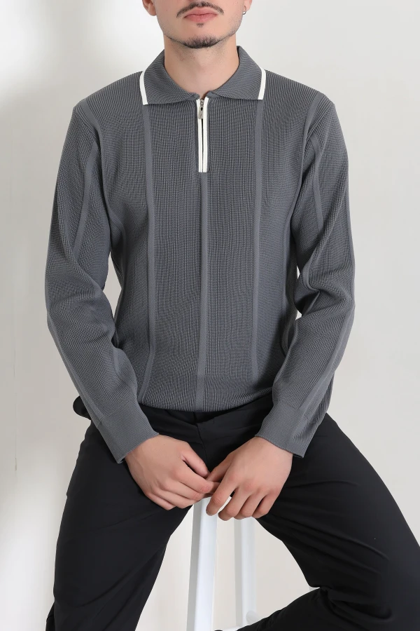 Çizgili Polo Yaka Erkek Triko Sweat Antrasit 3