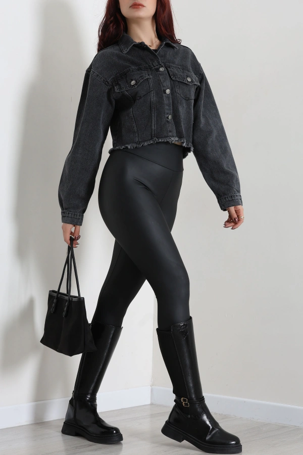 Kadın Füme Crop Kot Ceket Yüksek Bel Kısa Kesim Casual 2
