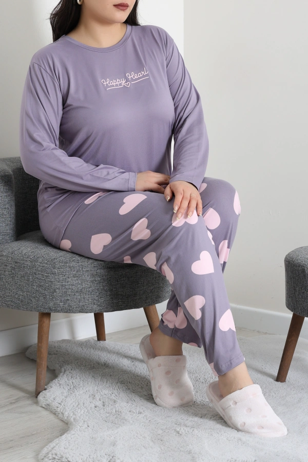 Kadın Mor Büyük Beden Baskılı Pamuklu Pijama Takımı 2