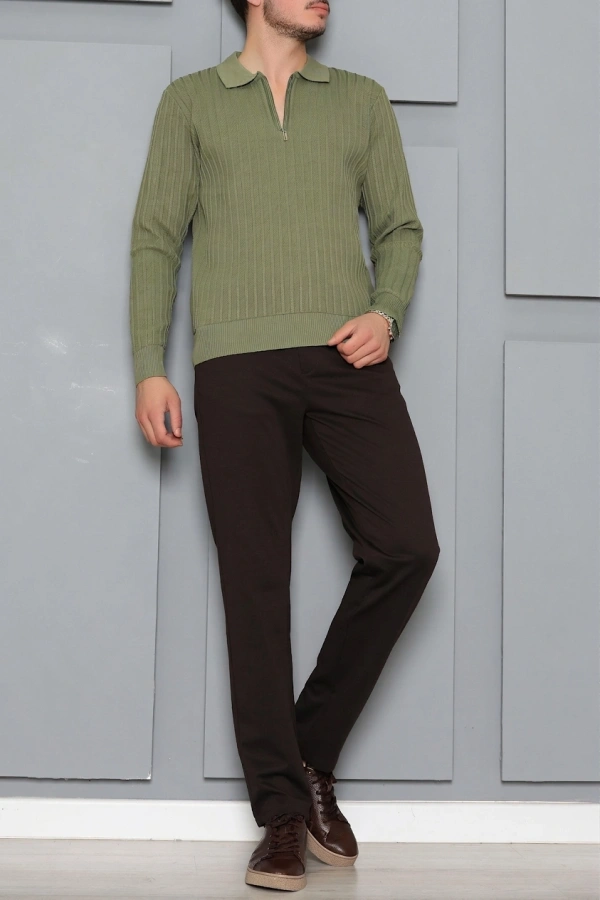 Yarım Fermuarlı Polo Yaka Erkek Triko Haki 4