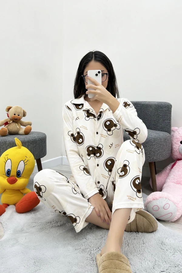 Süet Düğmeli Pijama Takımı Bejkahve 8