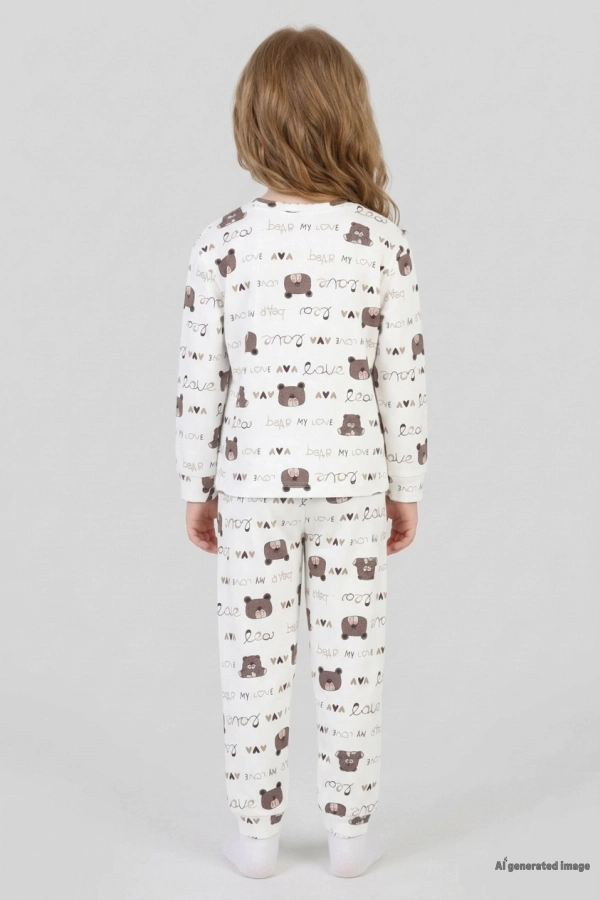Çocuk Beyazkahve Desenli Pamuklu Rahat Kesim Pijama Takımı 3