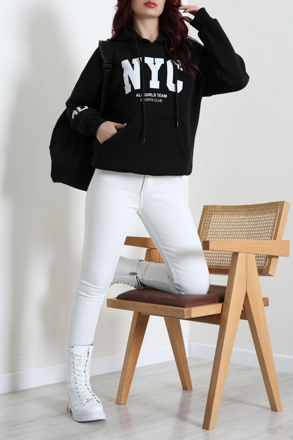 Kadın Siyah Kapüşonlu Baskılı Oversize Sweat 2