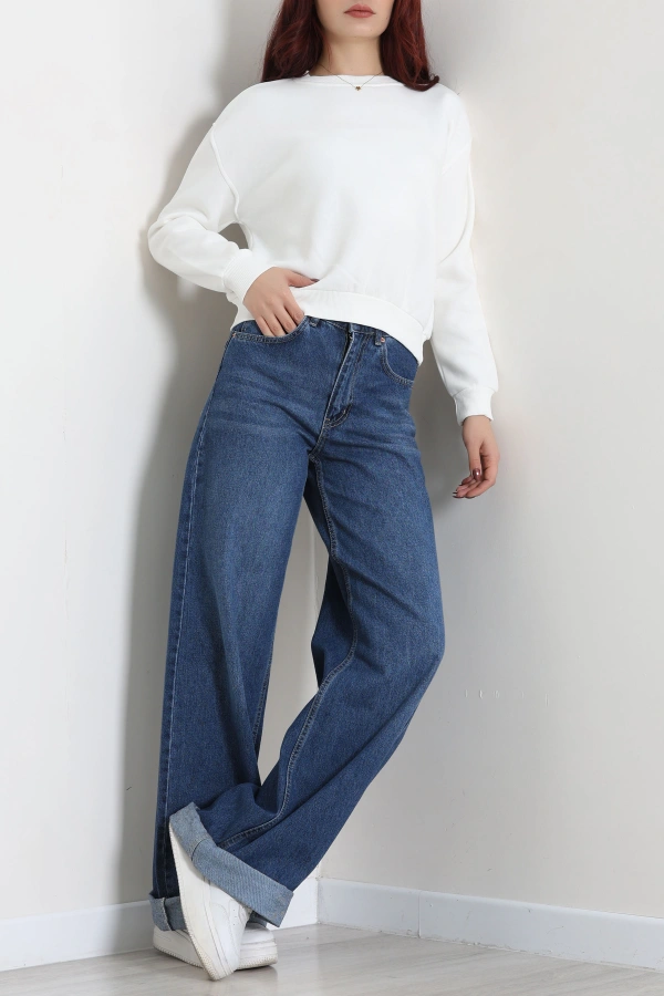 Kadın Ekru 3 İplik Bisiklet Yaka Şardonlu Sweatshirt 4