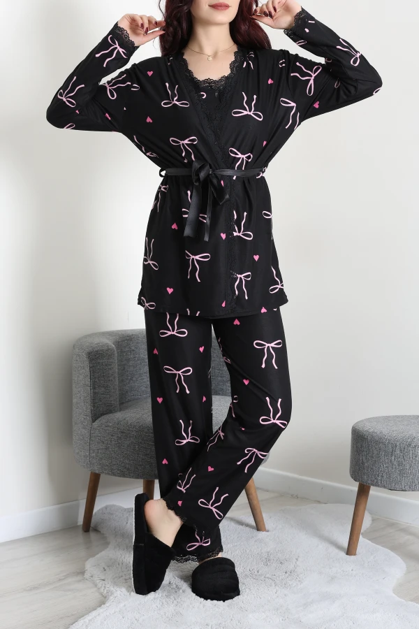 Süet 3'Lü Pijama Set Siyahkurdele 5