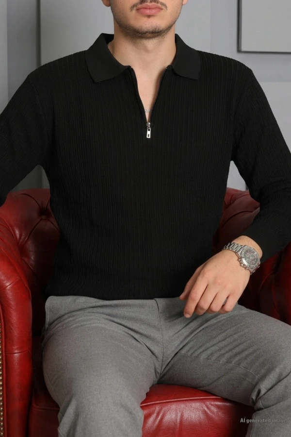 Fermuarlı Polo Yaka Erkek Triko Sweat Siyah