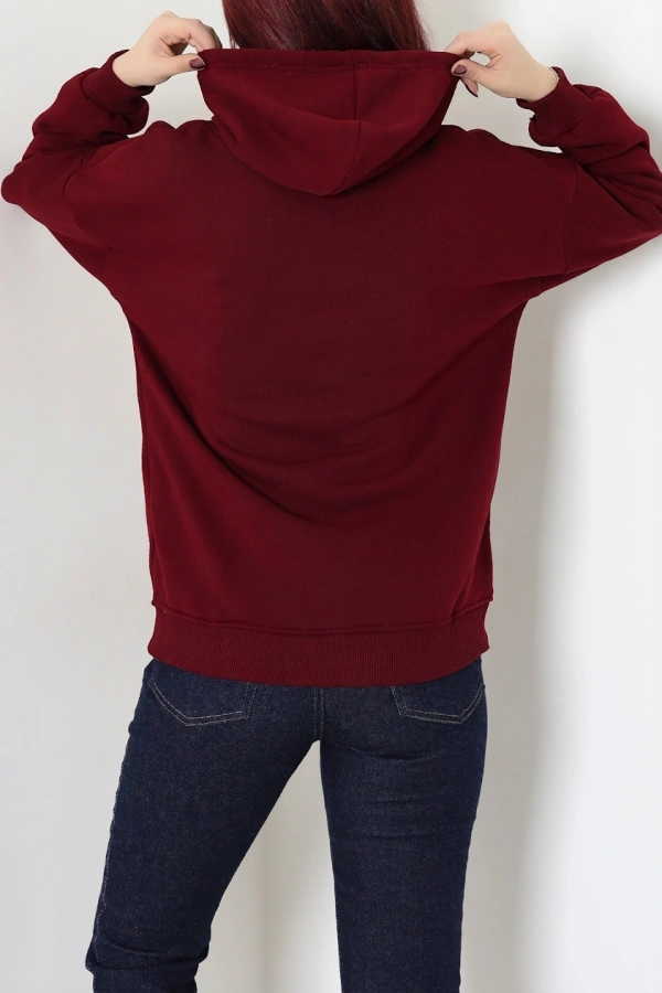 Kadın Bordo Üç İplik Kapüşonlu Baskılı Sweat Tunik 8