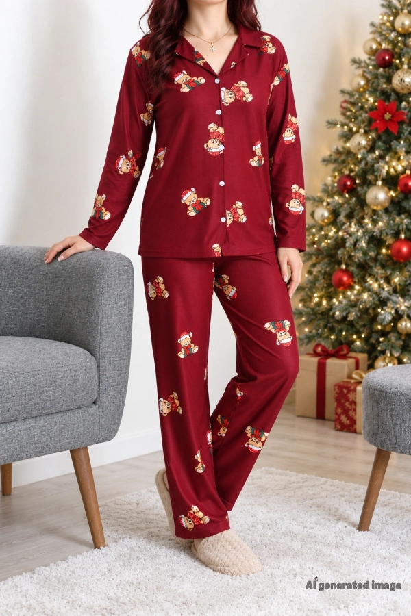 Kadın Bordo Süet Düğmeli Pijama Takımı