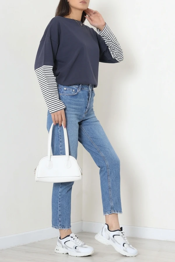 Kadın Mavi Mom Fit Yüksek Bel Pamuklu Kot Pantolon 6