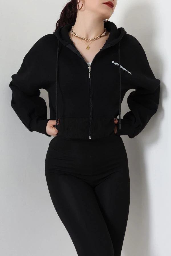 3 İplik Oversize Fermuarlı Sweat Siyah