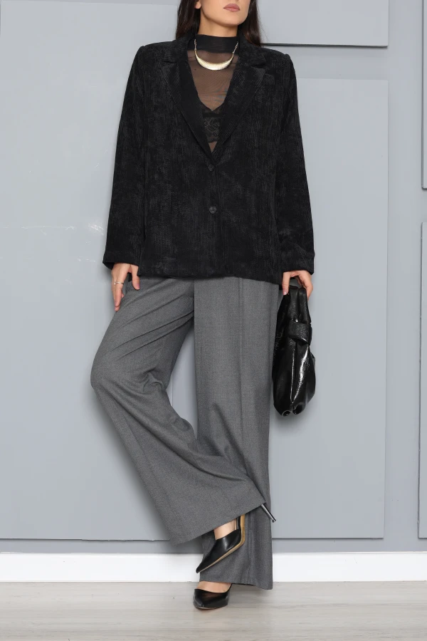 Oversize Astarlı Kadife Ceket Siyah 5