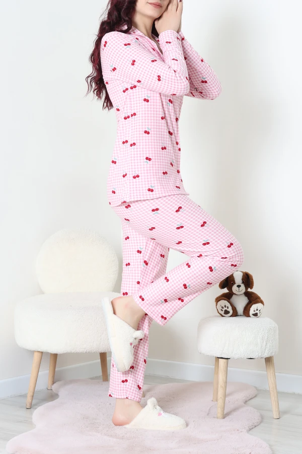 Kadın Pembe Süet Düğmeli Pijama Takımı Kiraz Baskılı 6