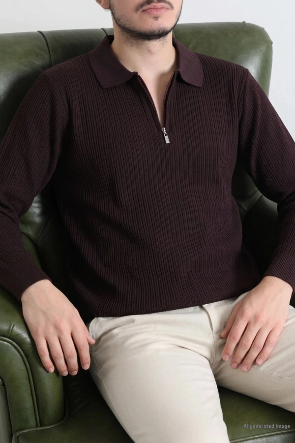 Fermuarlı Polo Yaka Erkek Triko Sweat Mürdüm