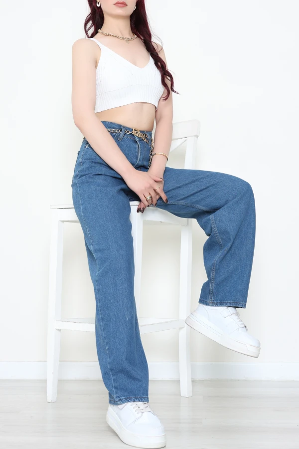 Kadın Mavi Baggy Fit Yüksek Bel Kot Pantolon 3
