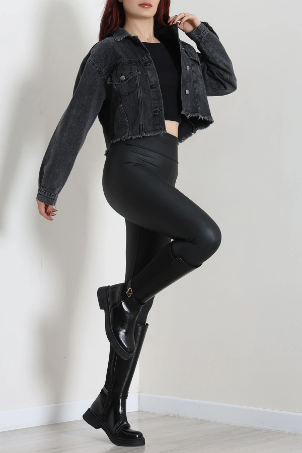 Kadın Füme Crop Kot Ceket Yüksek Bel Kısa Kesim Casual 6