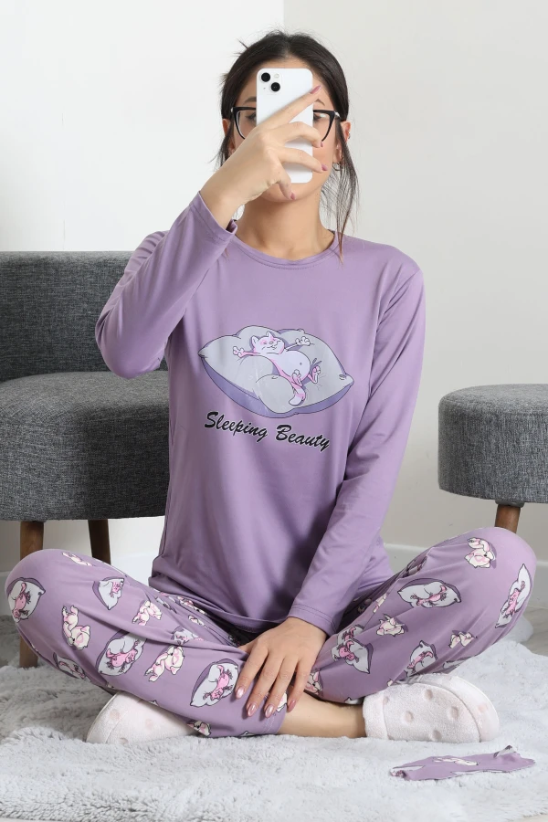 Kadın Mor Milan Pijama Takımı Rahat Kalıp Pamuklu