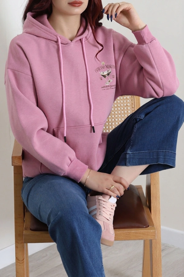 Kadın Pembe Üç İplik Kapüşonlu Baskılı Sweat Tunik 3