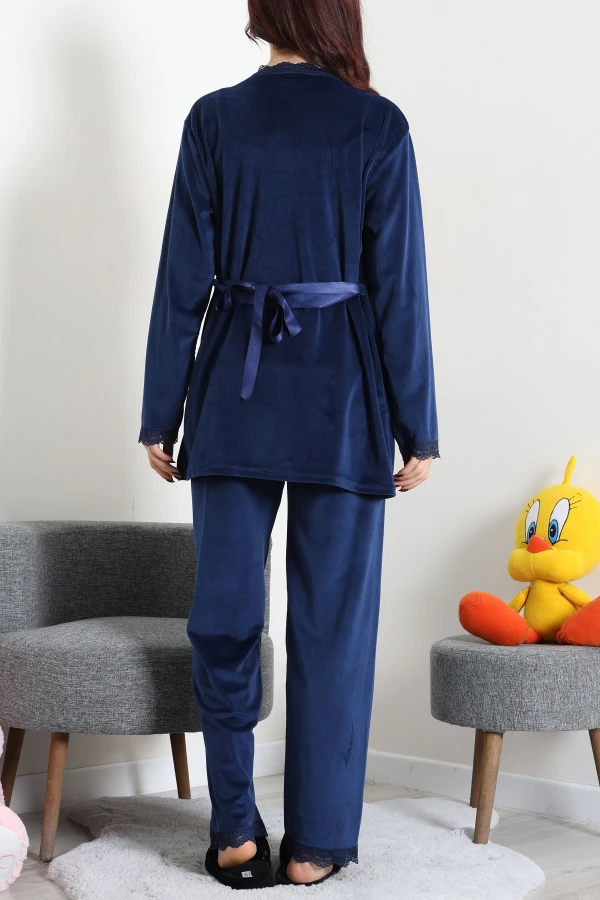 Fransız Kadife 3'Lü Pijama Seti Lacivert 9