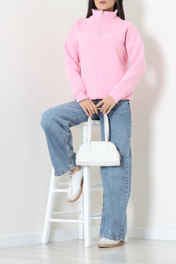 Kadın Pembe Oversize Biye Detaylı 3 İplik Kompakt Sweat 2
