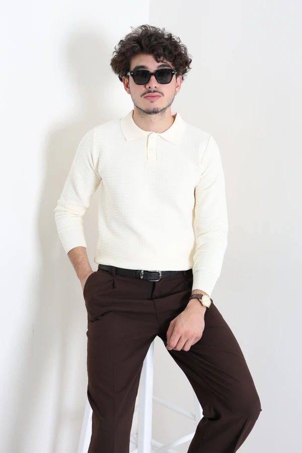 Düğmeli Polo Yaka Erkek Triko Sweat Krem 6